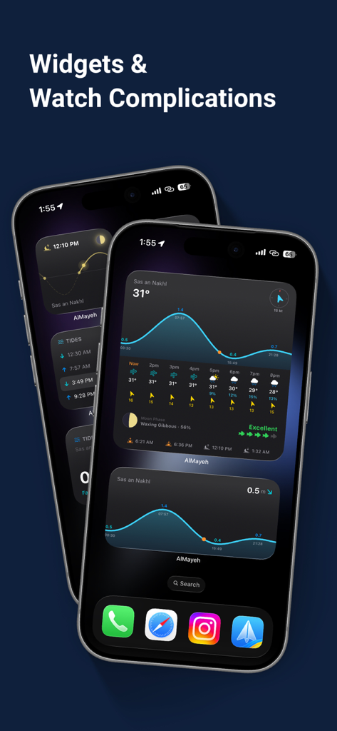 AlMayeh: Tides, Weather & More - AlMayeh app widgets on iPhone home screens showing tide graphs and weather forecasts