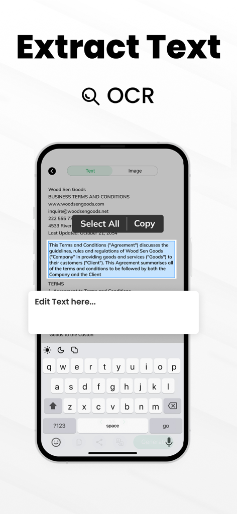 スキャンされたビジネスドキュメントからOCRテキスト抽出機能を示すモバイルアプリのインターフェース。テキストを選択・コピーするオプションが表示されている。