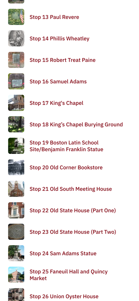 Official Freedom Trail® App - A list of historical stops on the Official Freedom Trail app featuring Paul Revere and Faneuil Hall