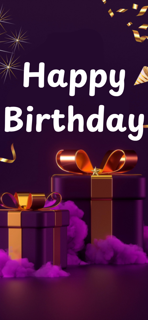 Birthday Wishes, Text Messages - Una elegante tarjeta de felicitación de Feliz Cumpleaños con cajas de regalo moradas con cintas doradas y confeti sobre un fondo morado oscuro.