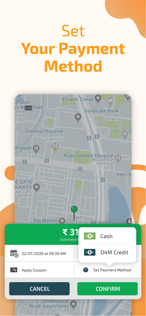 Drivers4Me - Get Car Drivers - Drivers4Me app interface for selecting a payment method like cash or credits