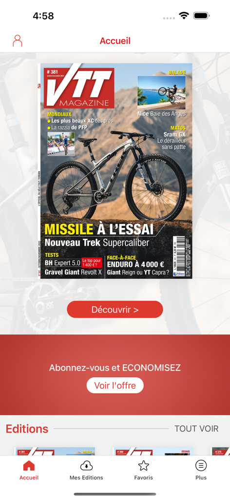 VTT Magazine - Écran d'accueil de l'application VTT Magazine présentant le dernier numéro avec un VTT Trek sur la couverture