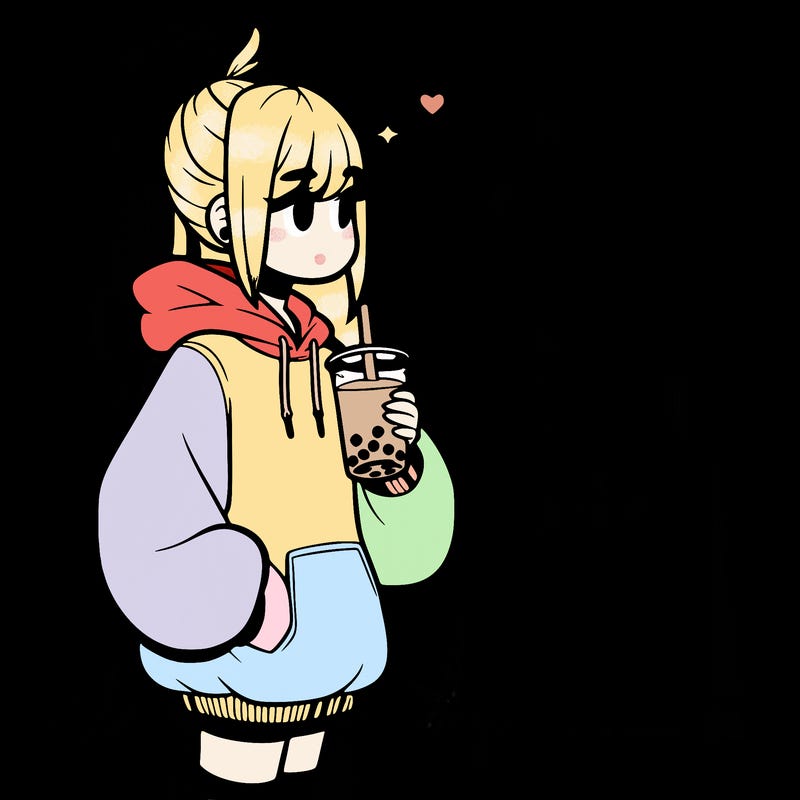 girl with oversized hoodie drinking boba and she has a high ponytail with a sign that says 10likes?