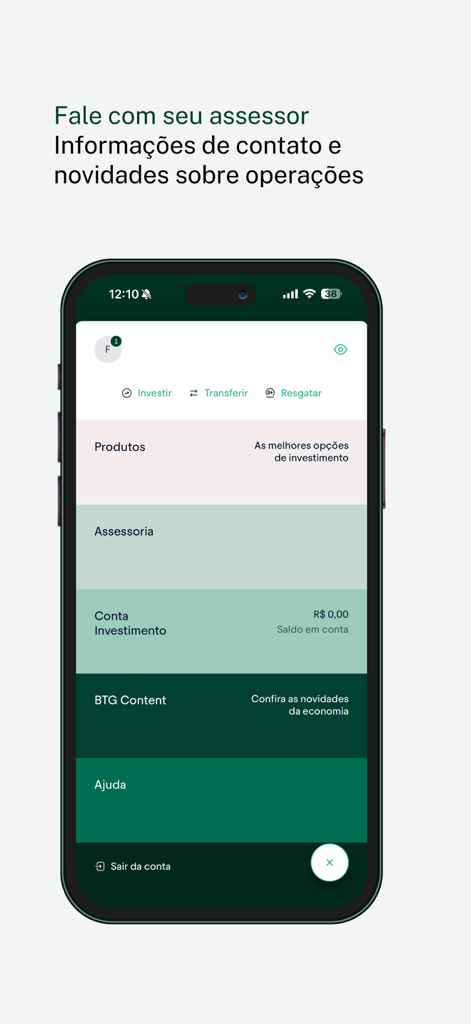Interface do aplicativo móvel EQI Investimentos exibindo menus para consultoria de produtos de investimento e gerenciamento de conta