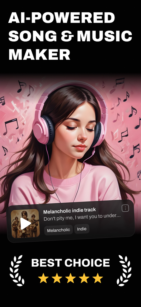 AI Song and Music Maker App - 맞춤 인디 트랙과 헤드폰을 낀 소녀를 보여주는 AI 음악 제작 앱 인터페이스