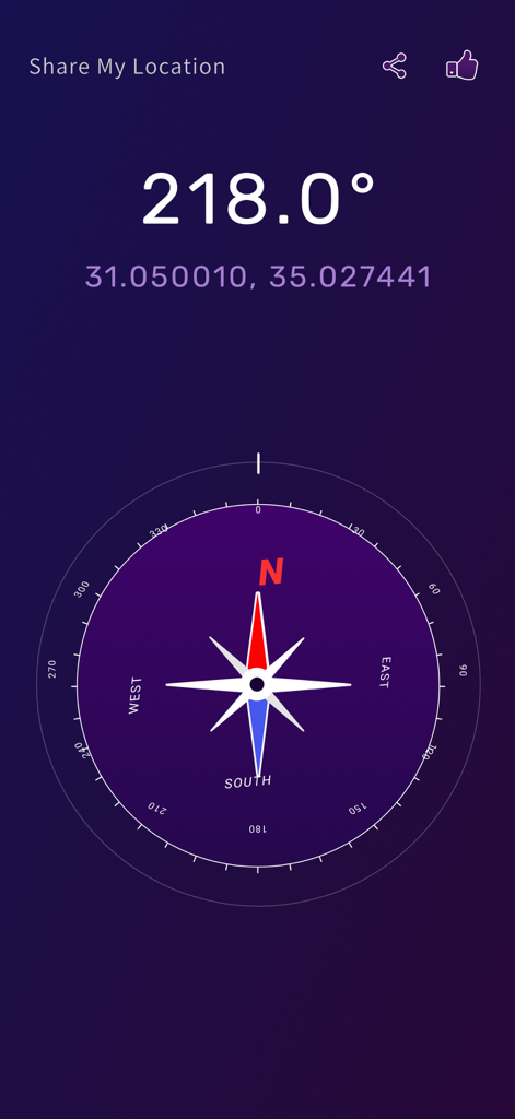 Compass: east north west south - Affichage de boussole numérique montrant les degrés d'azimut et les coordonnées GPS précises avec une option de partage de localisation