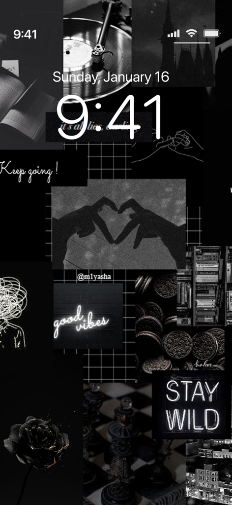 iPhone lock screen showing a dark collage wallpaper with minimalist and emo-core imagery