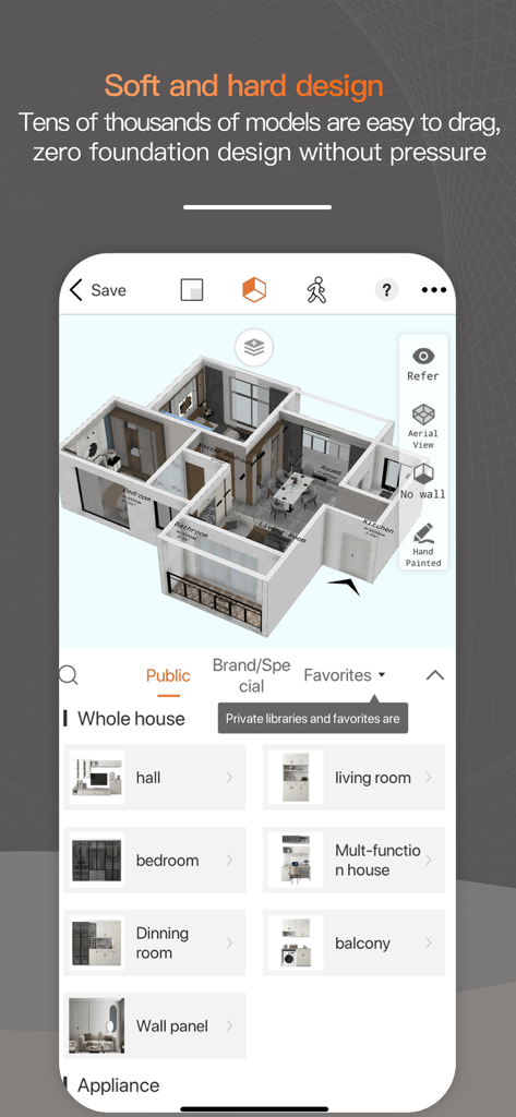 ZHouse app interface displaying a 3D floor plan with various room furniture categories for interior design.