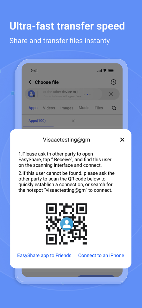 EasyShare・ - EasyShare app interface showing a QR code for fast file transfer between phones