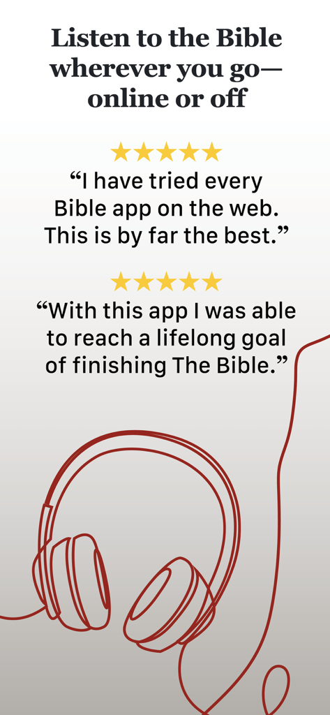 User testimonials and 5-star reviews for the Bible Audio app featuring a headphone illustration and text about listening to the Bible online or offline