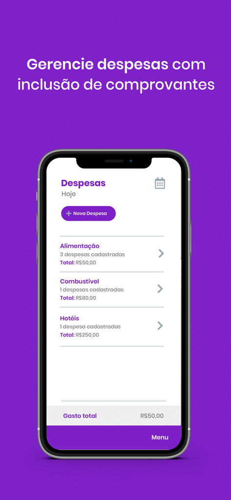 Mobile screen of the Auvo app showing expense management for field teams with categories like fuel and hotels