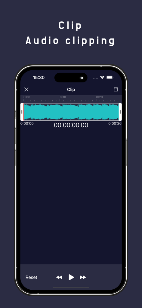 Audio Editor-Music/Sound mixer - 青い波形が表示されているオーディオクリッピングとトリミング機能を示すAudio Editorアプリのモバイルインターフェース。