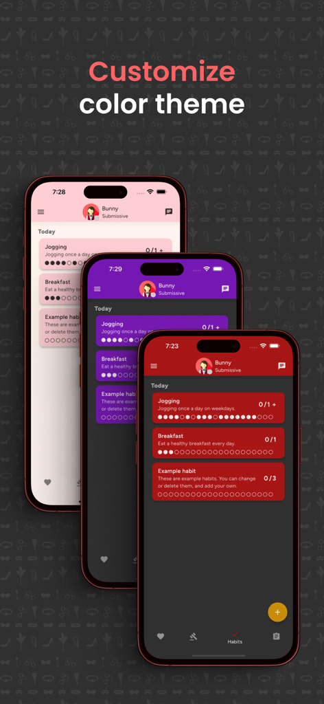 A showcase of different color theme options within the Obedience habit tracking app interface