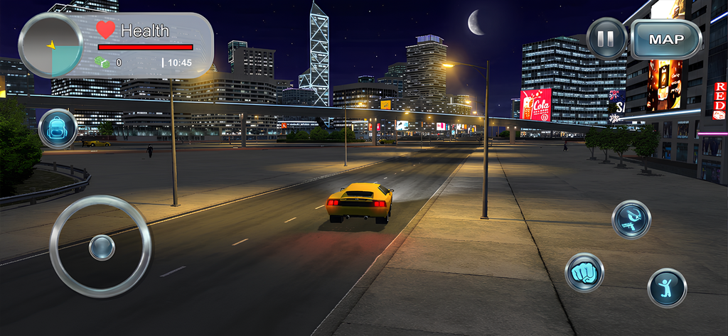 GTA V Mobile : City War MOD - Un coche deportivo amarillo conduciendo por una ciudad por la noche en un juego móvil de mundo abierto