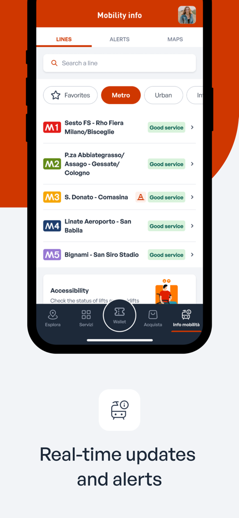 ATM Milano Mobile App-Oberfläche mit Echtzeit-Status und Service-Updates für Metrolinien