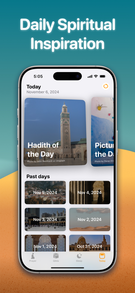 Pantalla de la aplicación móvil Athan Pro con hadiths diarios y contenido de inspiración espiritual con una colección de fotos diarias pasadas