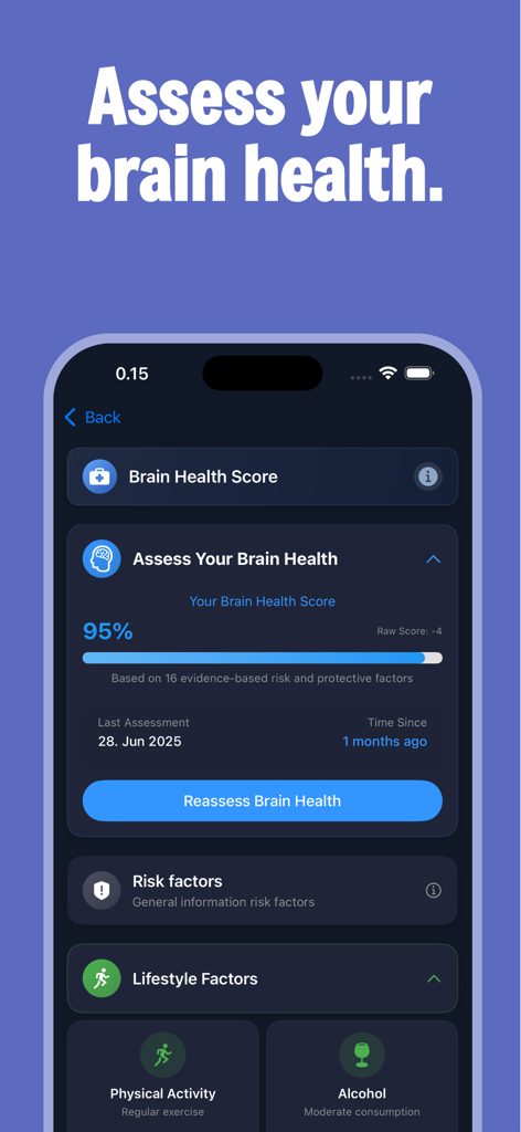 Interfaz de la aplicación CerebreX que muestra una puntuación de salud cerebral del noventa y cinco por ciento y secciones para factores de estilo de vida