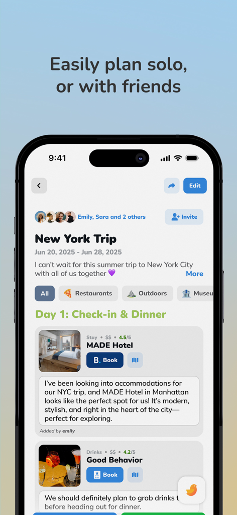 Steller mobile app interface showing a collaborative travel itinerary for a trip to New York with hotel and drink recommendations