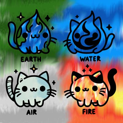 4 cats that represent the different elements, earth, water, air, and fire