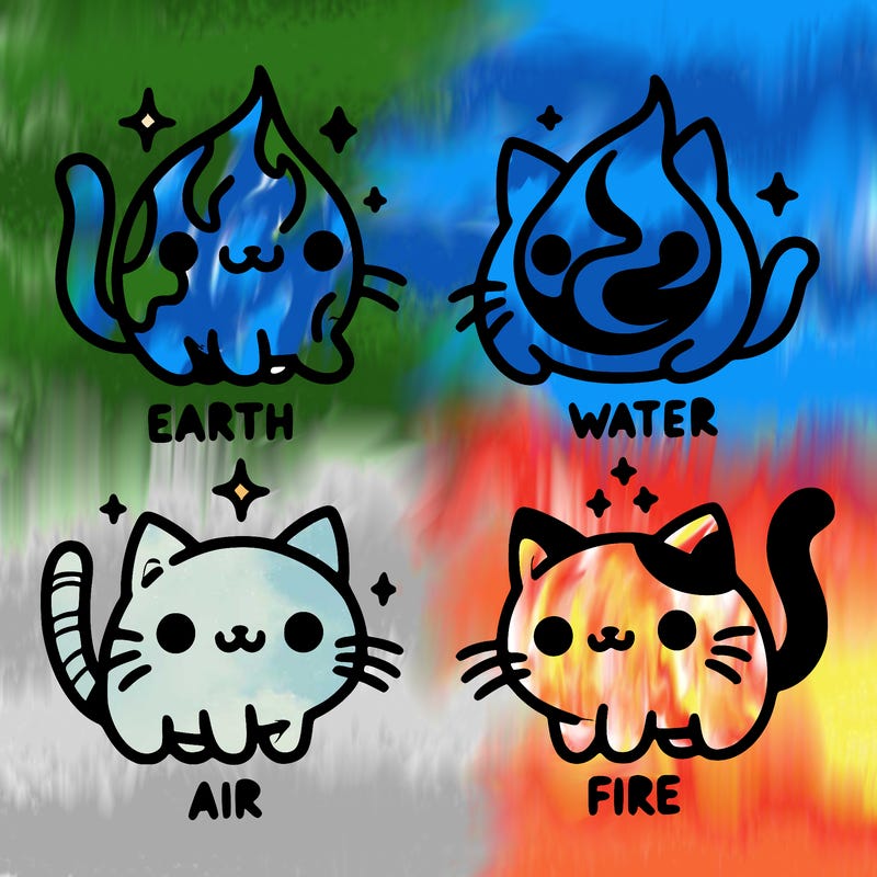 4 cats that represent the different elements, earth, water, air, and fire