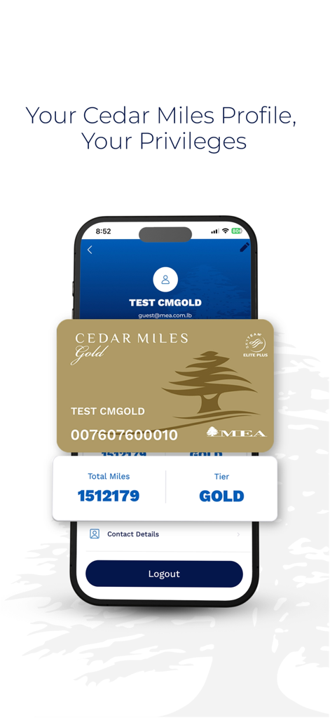 Middle East Airlines - MEA - Middle East Airlines app displaying a Cedar Miles Gold membership profile with total miles