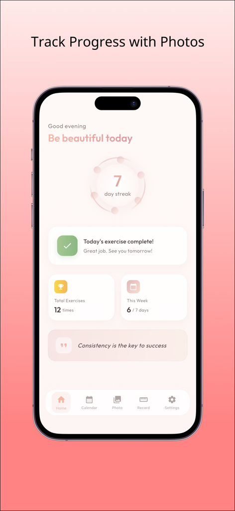 Boin - Bust Care & Tracker - Boinアプリのモバイルダッシュボード、7日間のエクササイズ連続記録と毎日の進捗追跡を表示
