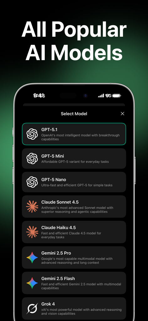 Interface de l'application Gigachat montrant un menu de sélection de modèles IA populaires comme GPT Claude Gemini et Grok