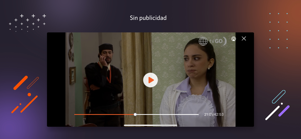 América tvGO Internacional - A video player interface showing a scene from a Peruvian telenovela without ads