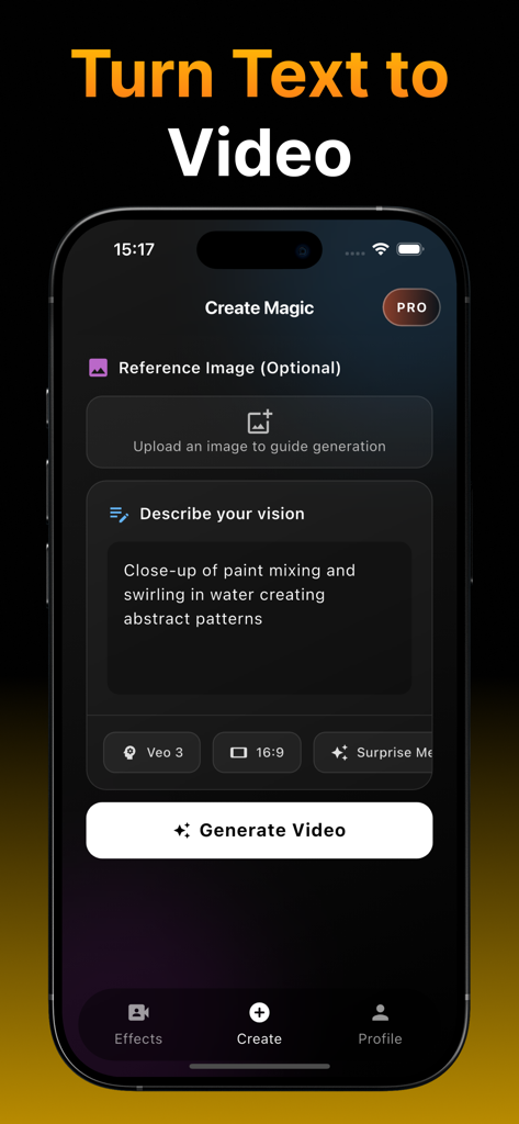 テキストプロンプトをAI動画に変換する方法を表示するVidmAIアプリのインターフェース