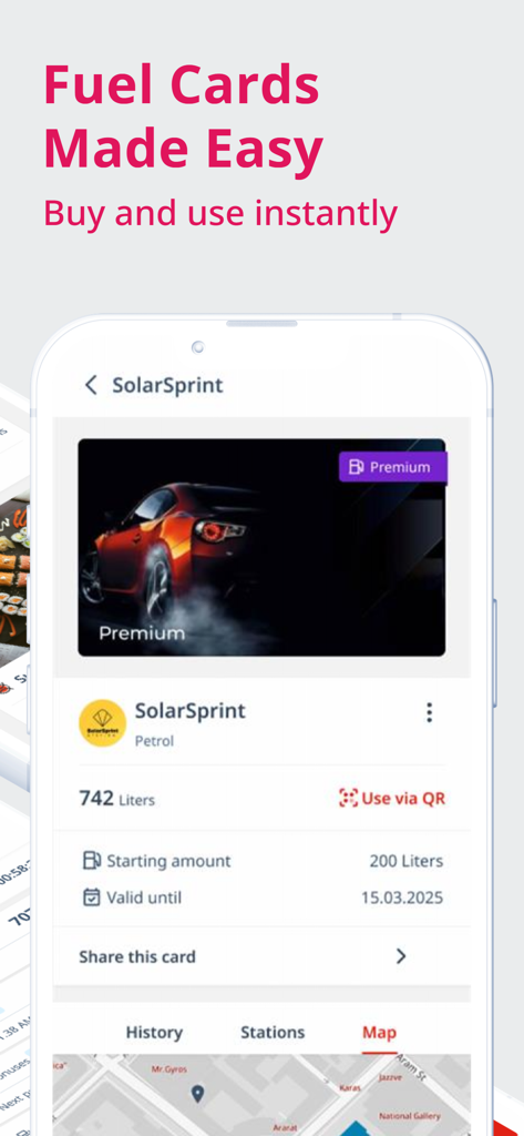 id plus loyalty system - Tela do aplicativo móvel exibindo um cartão de combustível digital para compras fáceis de gasolina e pagamentos com código QR