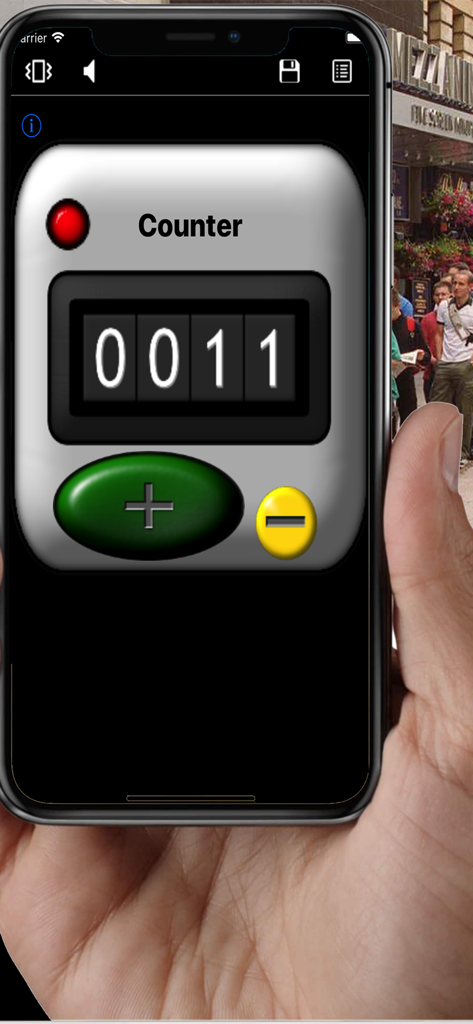 Counter+. - Une main tenant un smartphone affichant l'application Counter Plus avec une interface de comptage minimaliste indiquant le nombre 11