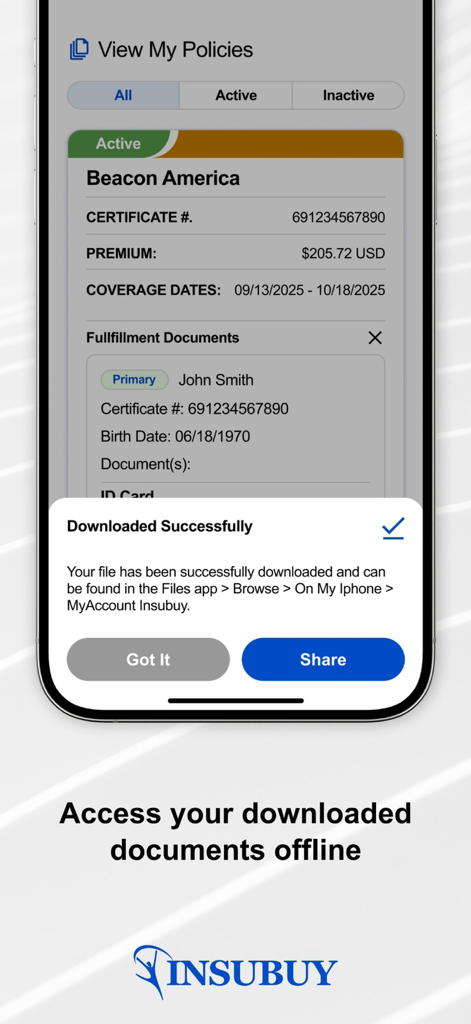 Insubuy MyAccount mobile app showing a successful document download confirmation for offline access to insurance policies.