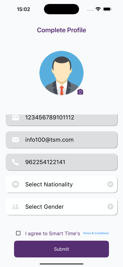 Pantalla de finalización de perfil para la aplicación de gestión Smart-Time que muestra campos para ID de empleado, correo electrónico y detalles de contacto