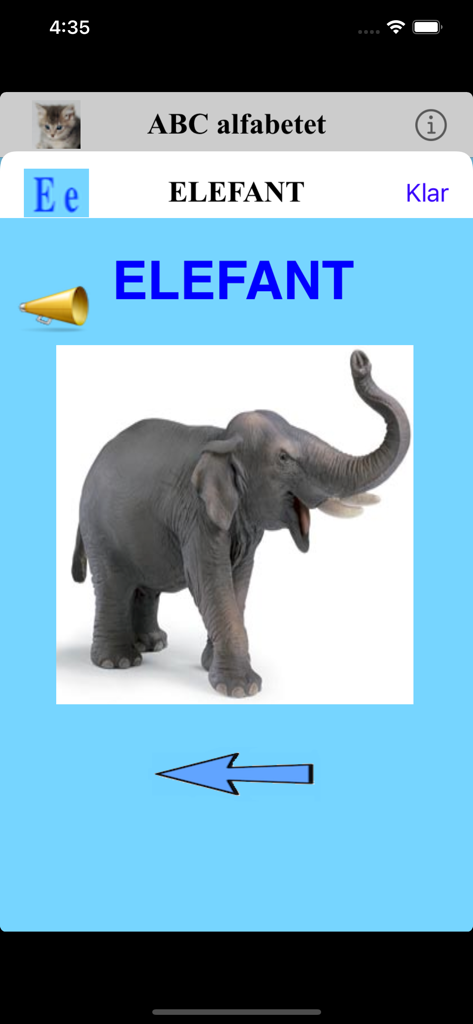 Alfabetet - Educational app screen for toddlers showing an elephant and the Swedish word for letter E