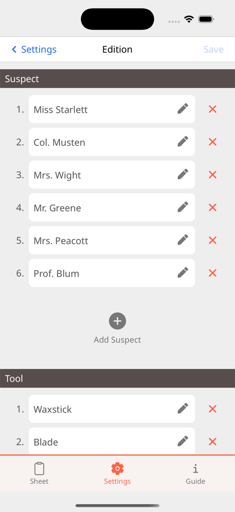 Detective Notes - Customizing suspects and tools in the Detective Notes mystery game app