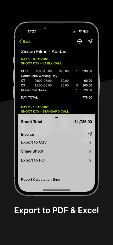 Interface for exporting film production shoot totals to PDF and Excel