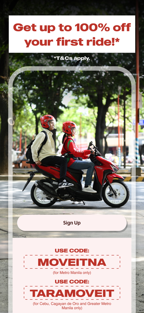 初回乗車が最大100％割引になるMove Itバイクタクシーアプリのプロモーション画面