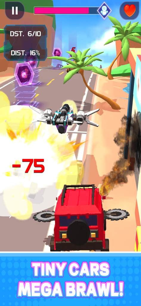 Smash Car: Robot Racing - Um caminhão de batalha vermelho com lâminas de serra atacando em um ambiente de corrida tropical.