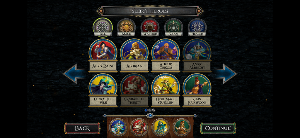 Tela de seleção de herói em Road to Legend mostrando retratos de personagens e filtros de classe