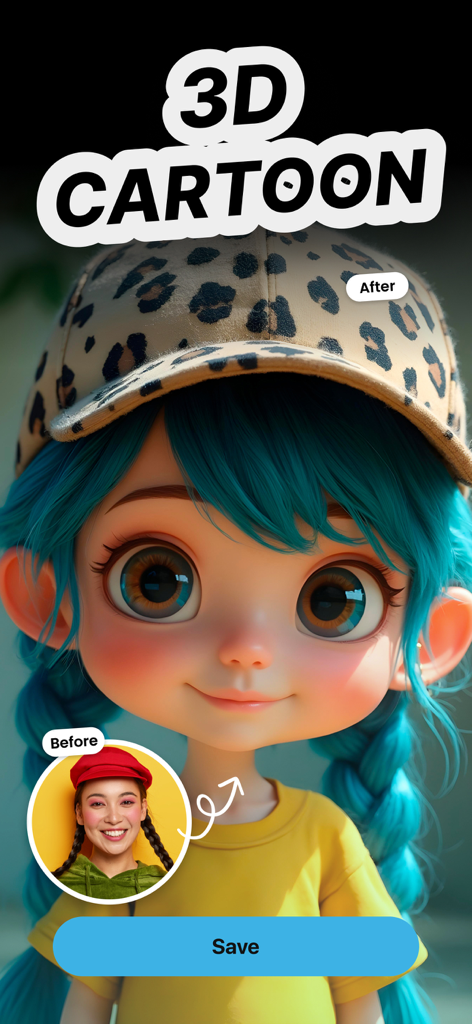 Enhancer & Analyzer: RePixel - A before and after comparison showing a woman transformed into a 3D cartoon character using the RePixel AI tool