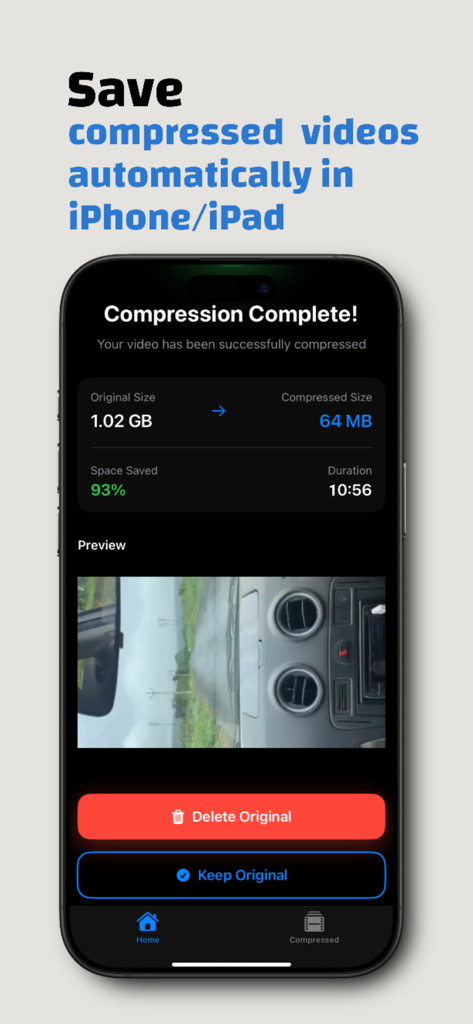 Compress videos - Size Reduce - Smartphone screen showing a ninety three percent storage saving after compressing a large video file