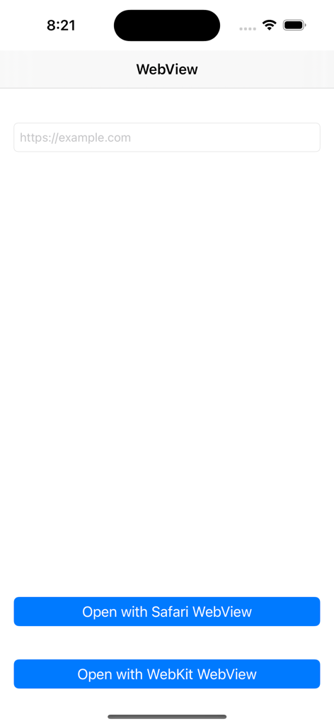 URL入力フィールドと、SafariまたはWebKit WebViewで開くボタンが表示されたWebView Testerアプリのインターフェース