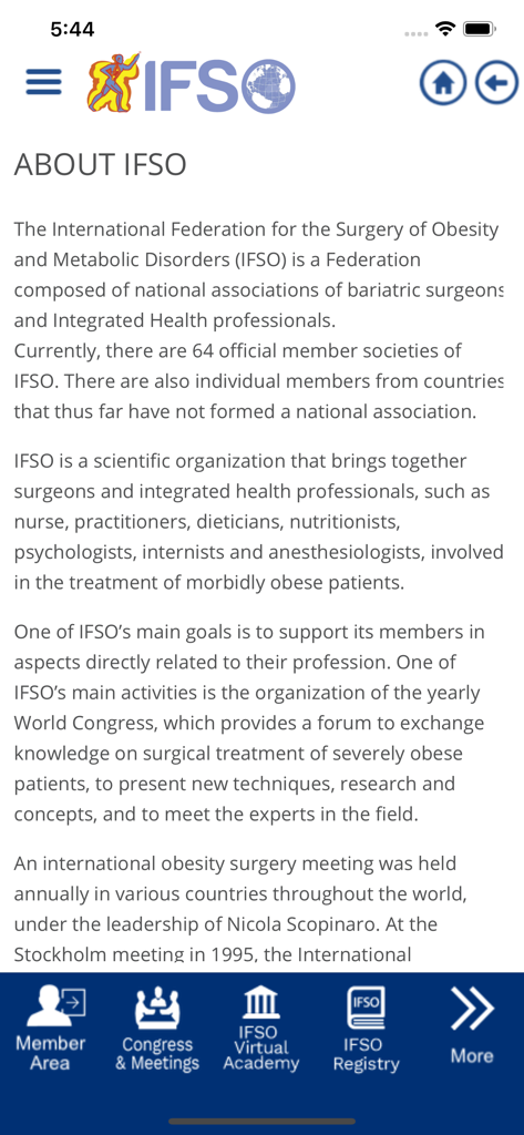 IFSO - About section of the IFSO app for bariatric and metabolic surgery professionals