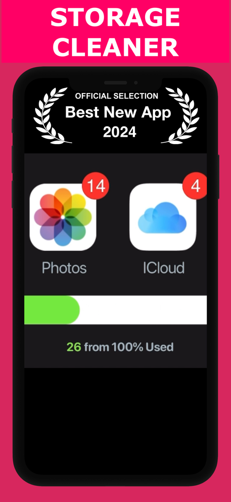 Interfaz de la aplicación limpiadora de almacenamiento PX que muestra la capacidad de almacenamiento y el premio Mejor Aplicación Nueva 2024