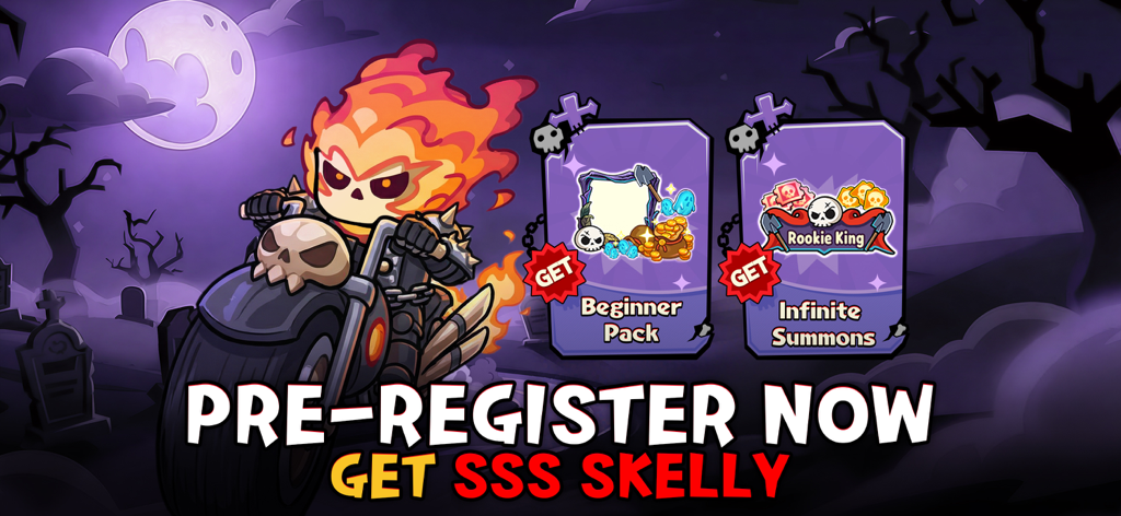 Skull Up mobile game pre-registration banner featuring a flaming skull character on a motorcycle with reward packs.