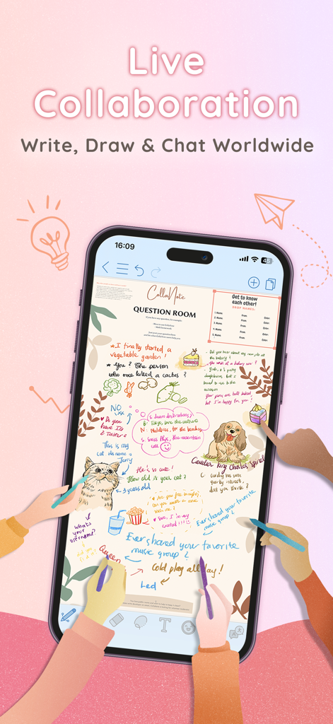 CollaNote app interface showing real-time collaboration with multiple users writing and drawing together on a shared digital notebook page.