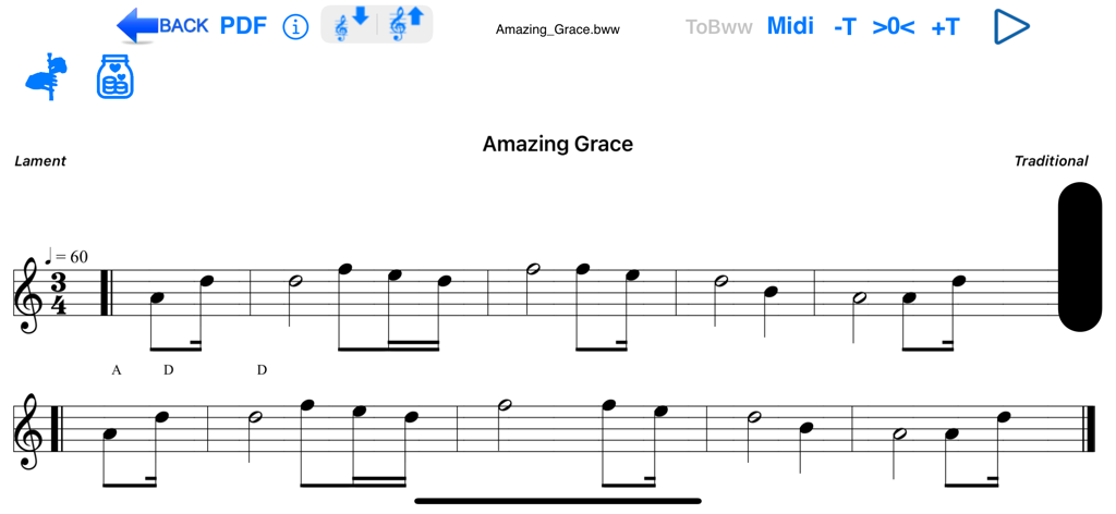 Bagpipe Player app interface displaying digital sheet music for the song Amazing Grace with playback and export controls
