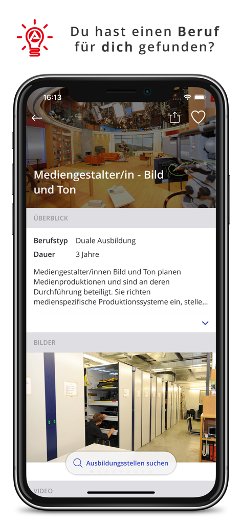 AzubiWelt - AzubiWelt app screen displaying details and photos for a media designer apprenticeship