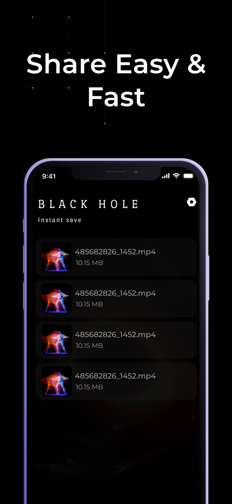 BlackHole ® - Oberfläche der BlackHole App, die eine Liste gespeicherter Social-Media-Videodateien im Dark-Mode zeigt