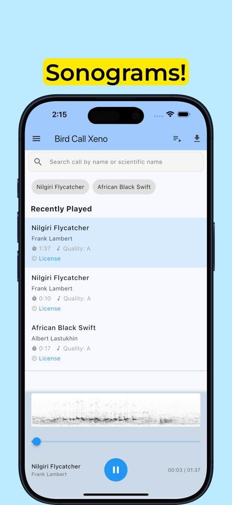 Bird Call Xeno - Bird Songs - Interfaz de la aplicación Canto de Aves Xeno mostrando grabaciones de cantos de aves y una visualización de sonograma científico